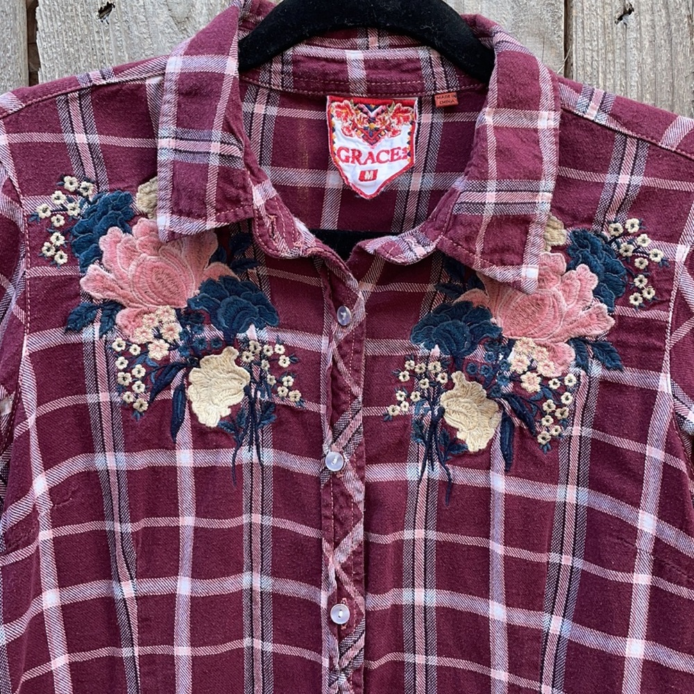 Grace 100% Cotton Embroidered Plaid Button Down Shirt